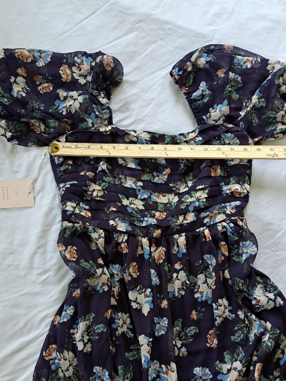NWT LC Lauren Conrad Navy Floral Romantic Puff-Sleeve Midi Dress Garden Party M - Picture 14 of 16